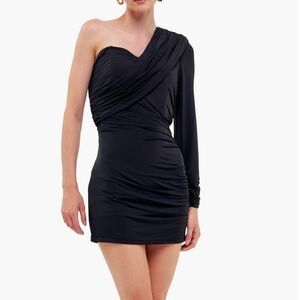 NWT Endless Rose Black One-Shoulder Ruched Mini Dress